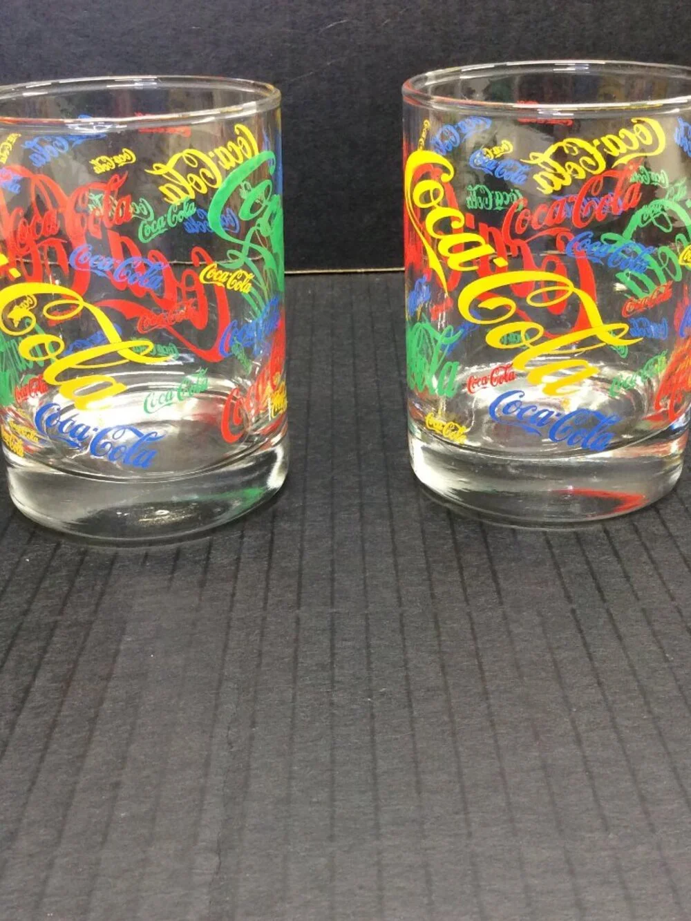 VINTAGE 1987 12oz Multi-Colored Coca Cola Whiskey Glass Indiana Glass Lot of 2